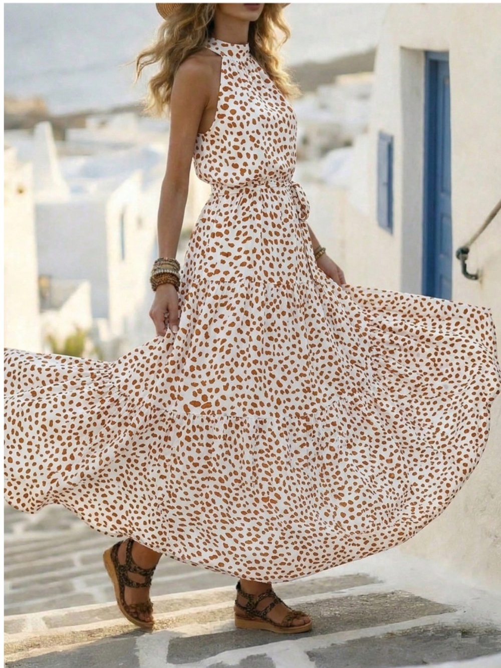 Spotted Print Maxi Dress Tie Belt High Neck